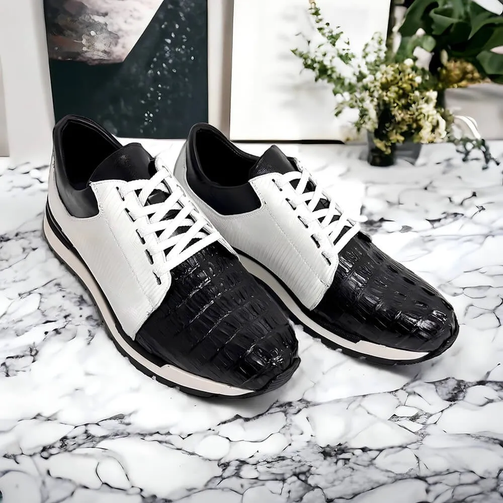 7 CM/2.76 Inches CMR CHAMARIPA Men’s Exotic Leather Elevator Sneakers - Black & White Crocodile, Lizard, and Calf Leather Casual Shoes