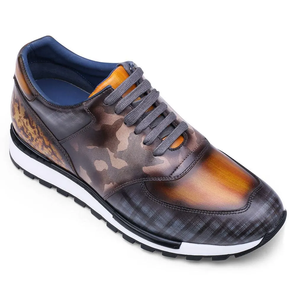 7CM /2.76 Inches - CMR CHAMARIPA Casual Tall Men Shoes - Hand Patina Elevator Sneaker - Multi-Colored Patina Leather Trainers