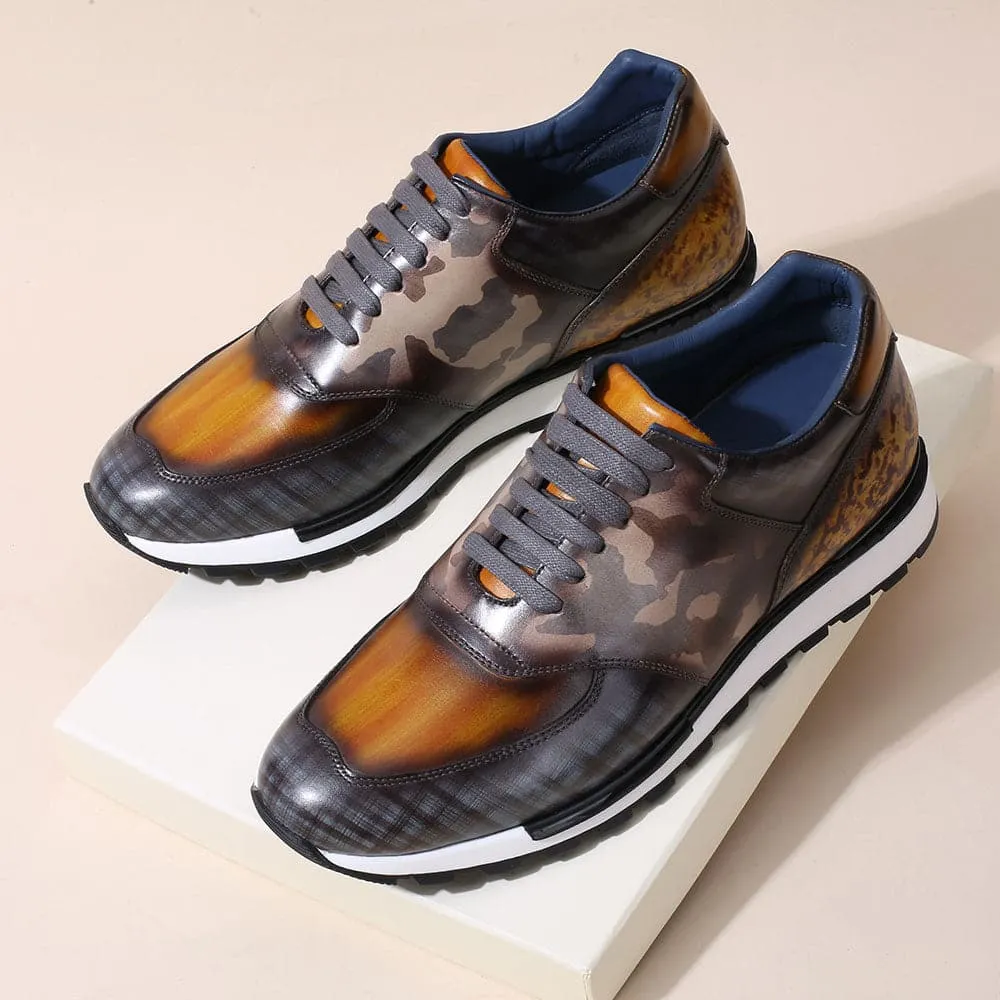 7CM /2.76 Inches - CMR CHAMARIPA Casual Tall Men Shoes - Hand Patina Elevator Sneaker - Multi-Colored Patina Leather Trainers