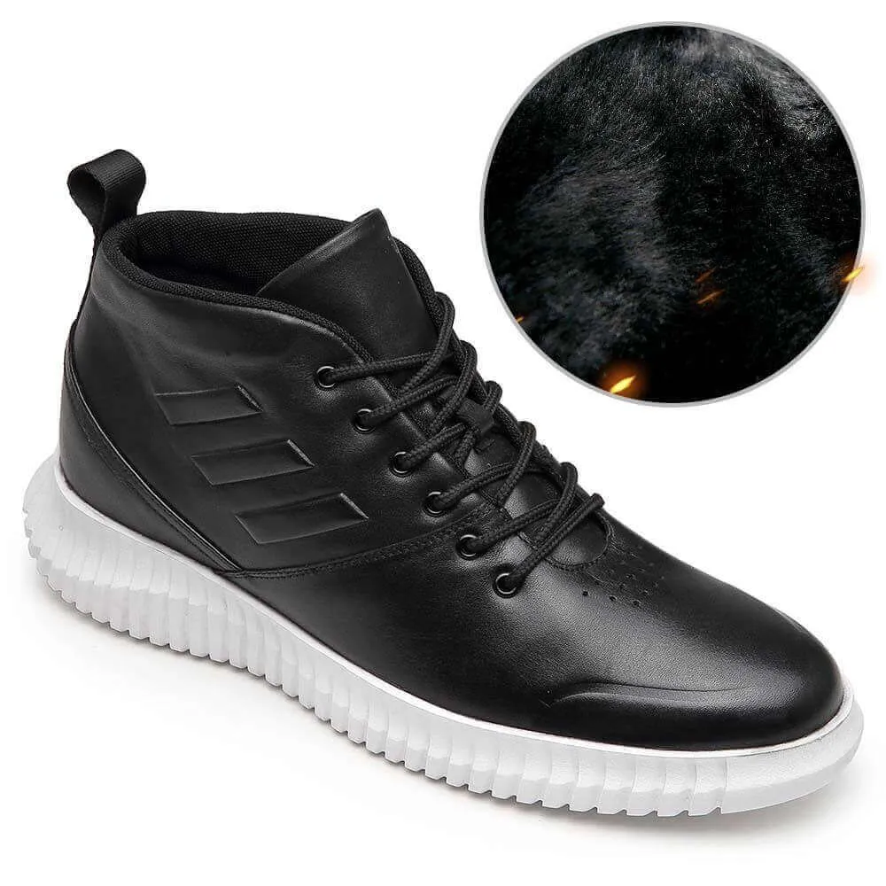 7CM / 2.76 Inches - CMR CHAMARIPA  Men's Hidden Heel Trainers High Top Elevator Shoes Black Leather Tall Men Shoes