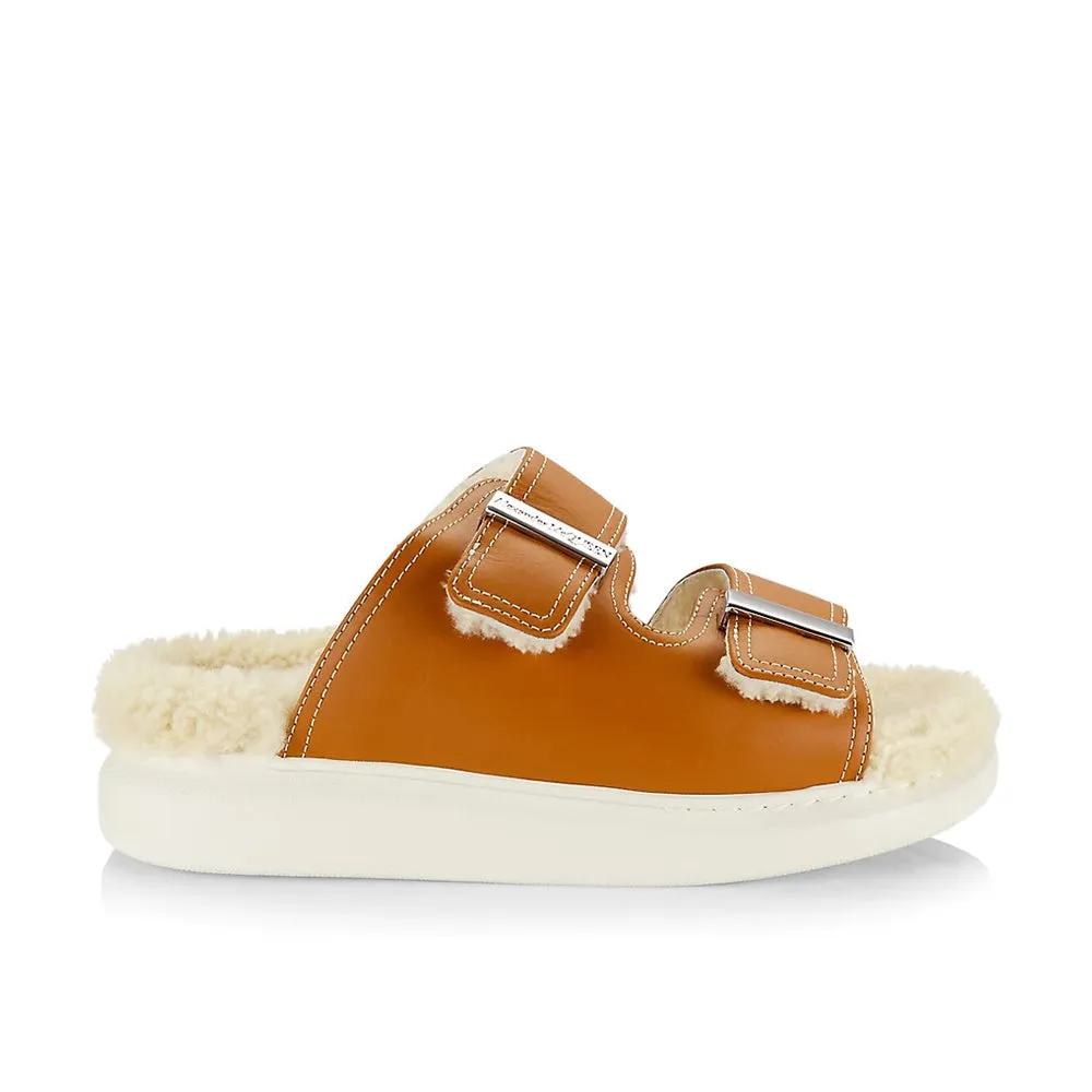 Alexander McQueen Women's Hybrid Shearling Leather Slide Sandals in Brown