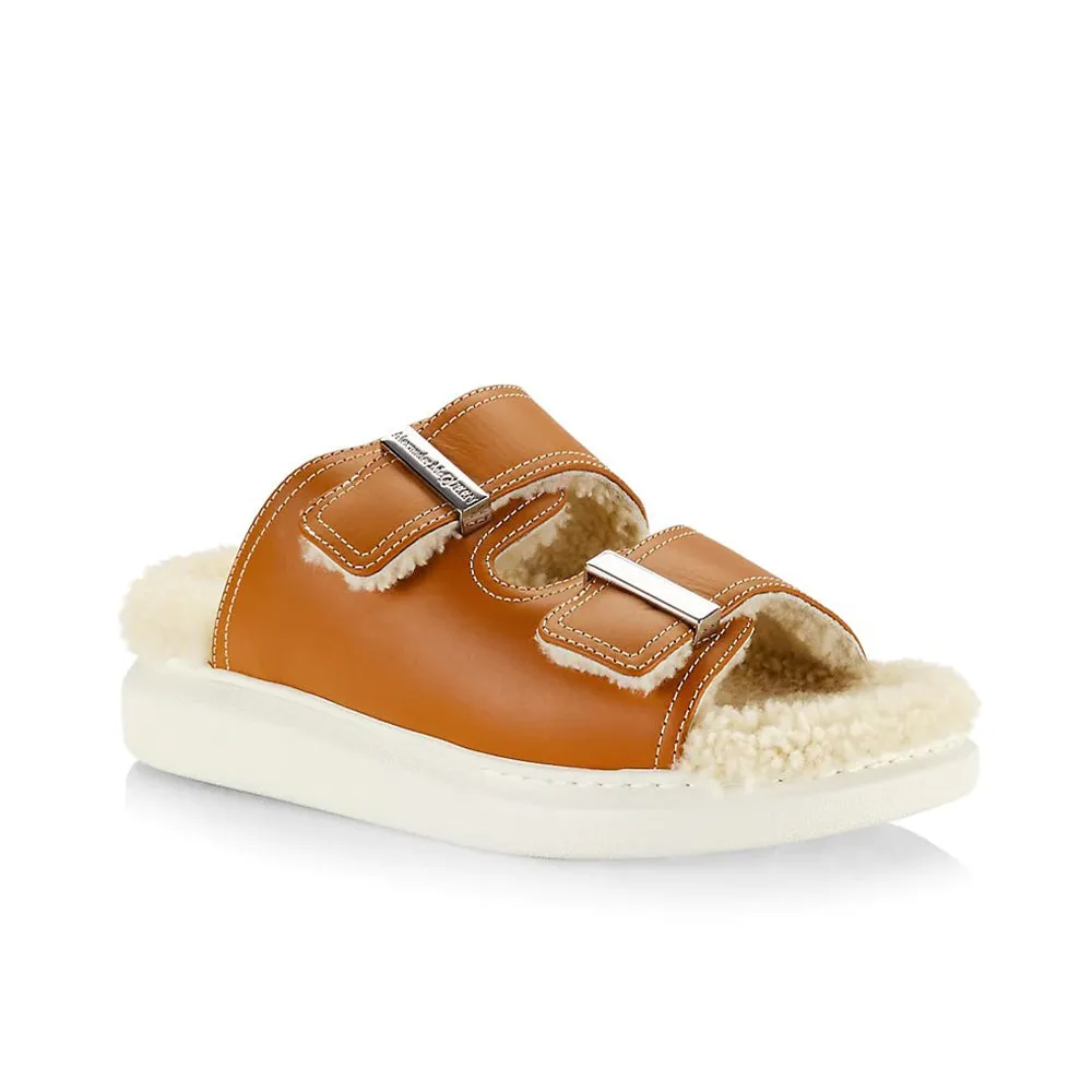 Alexander McQueen Women's Hybrid Shearling Leather Slide Sandals in Brown