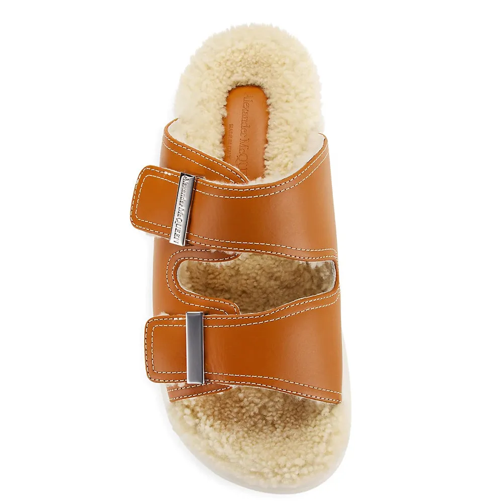 Alexander McQueen Women's Hybrid Shearling Leather Slide Sandals in Brown