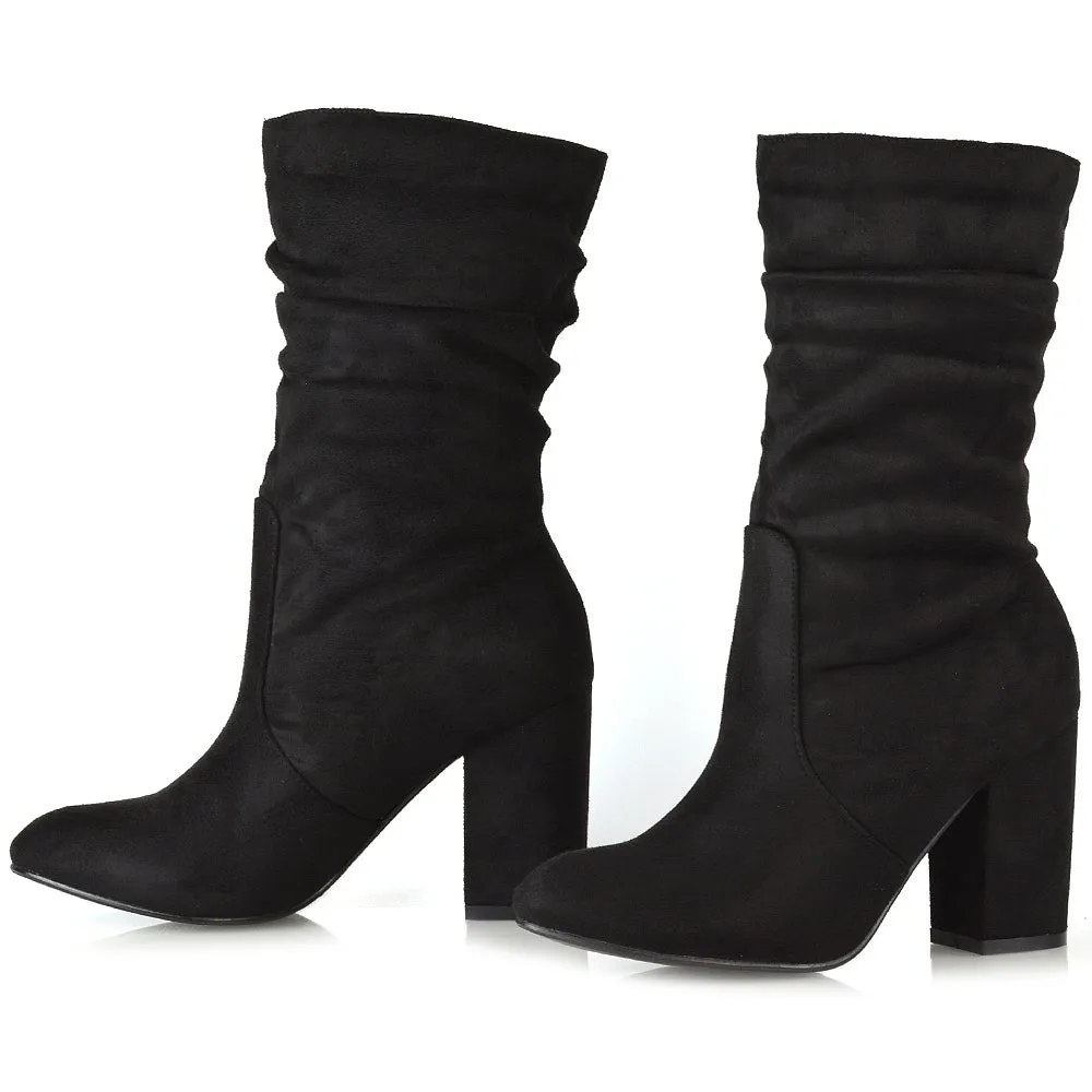 Belle Mid Block Heel Ruched Pull On Mid Calf Boots in Black Synthetic Leather