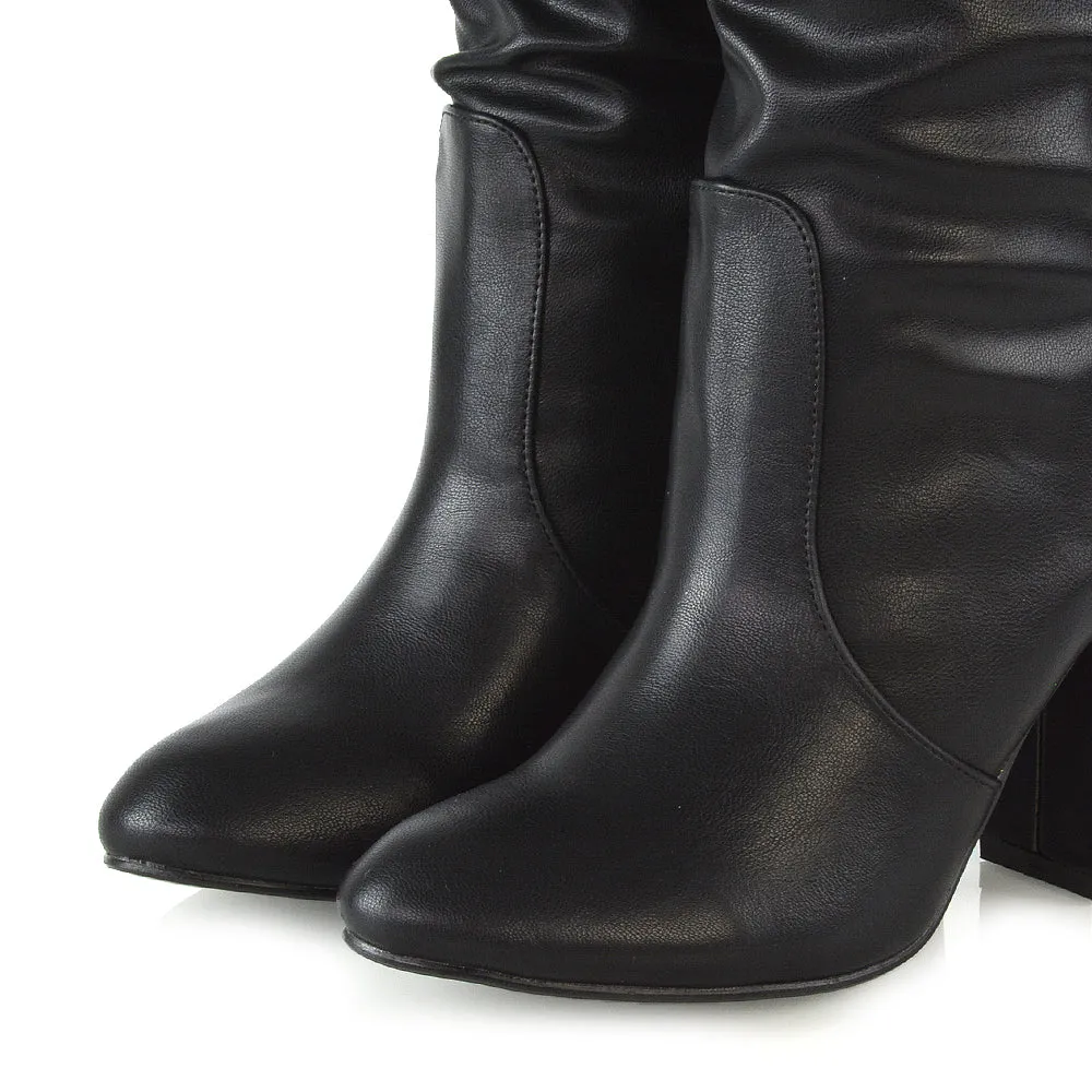 Belle Mid Block Heel Ruched Pull On Mid Calf Boots in Black Synthetic Leather