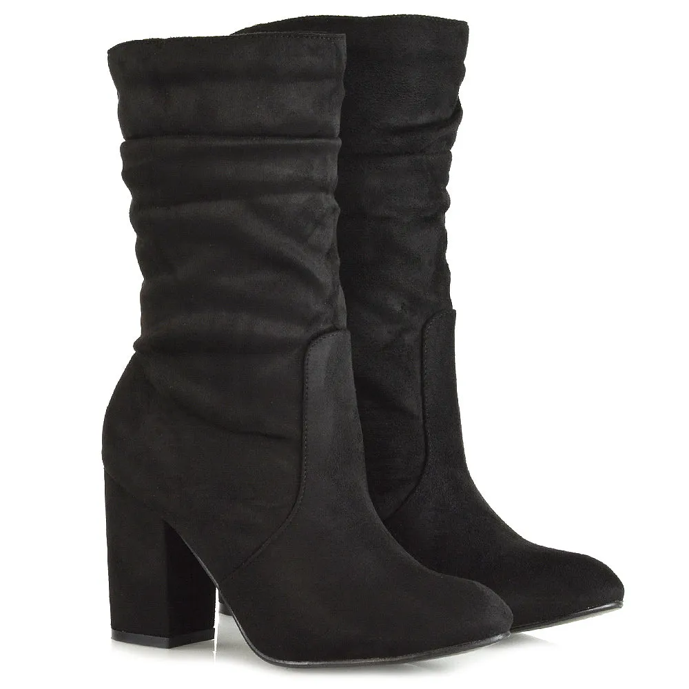 Belle Mid Block Heel Ruched Pull On Mid Calf Boots in Black Synthetic Leather