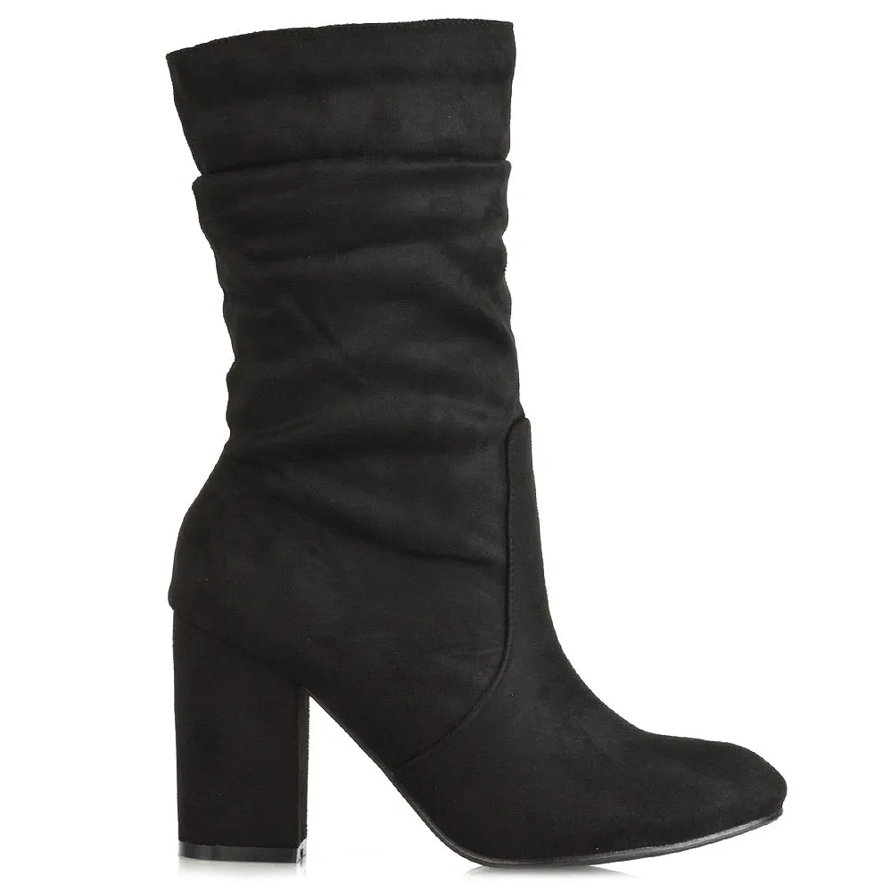 Belle Mid Block Heel Ruched Pull On Mid Calf Boots in Black Synthetic Leather