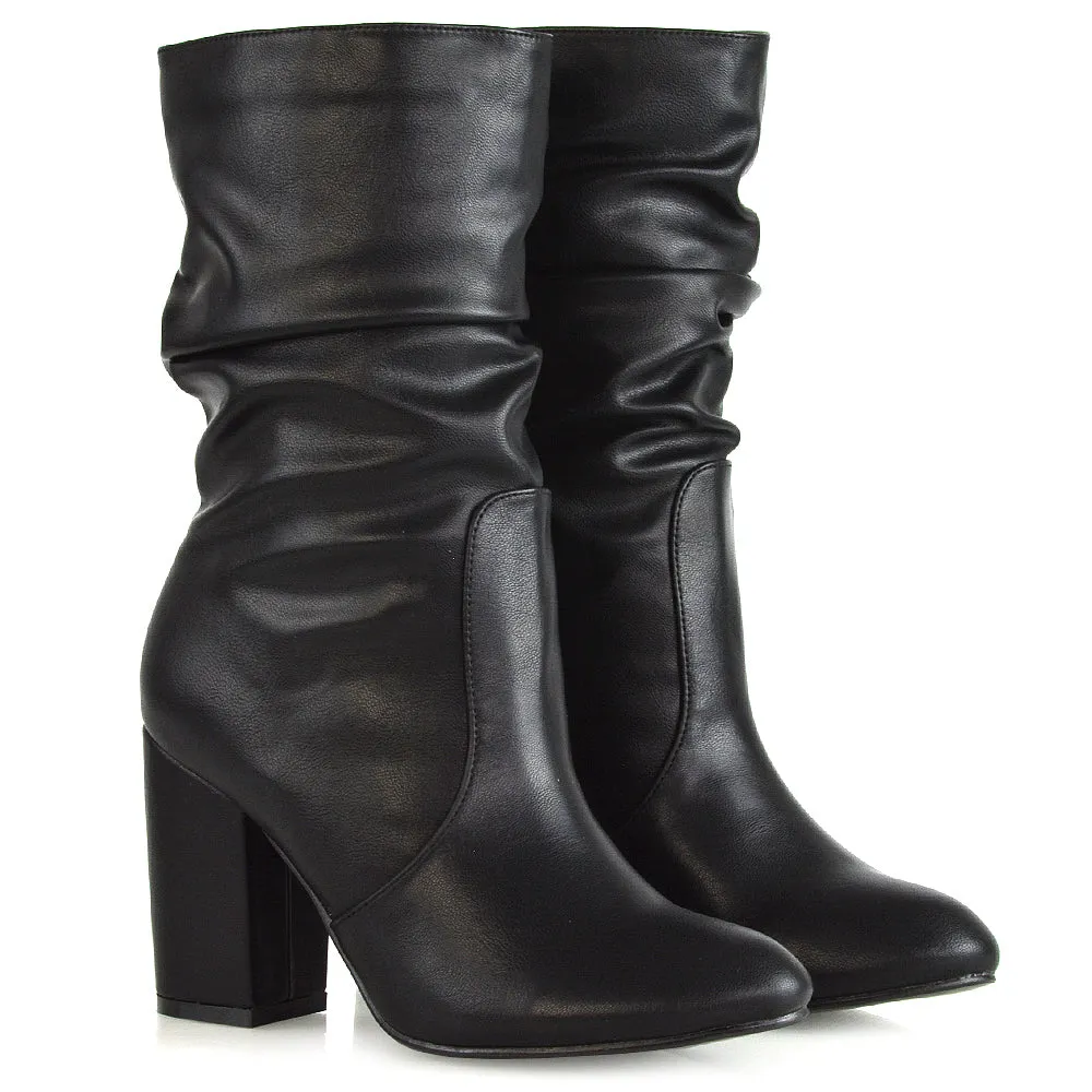 Belle Mid Block Heel Ruched Pull On Mid Calf Boots in Black Synthetic Leather