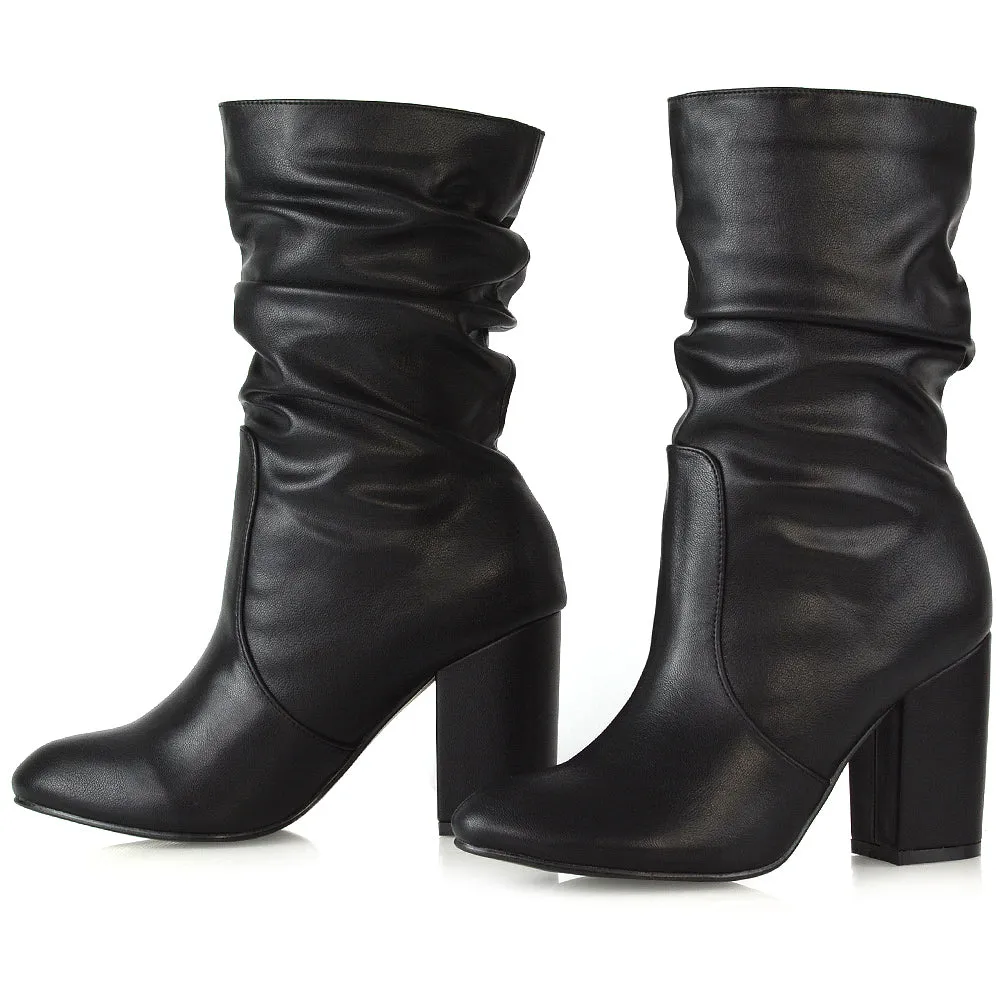 Belle Mid Block Heel Ruched Pull On Mid Calf Boots in Black Synthetic Leather