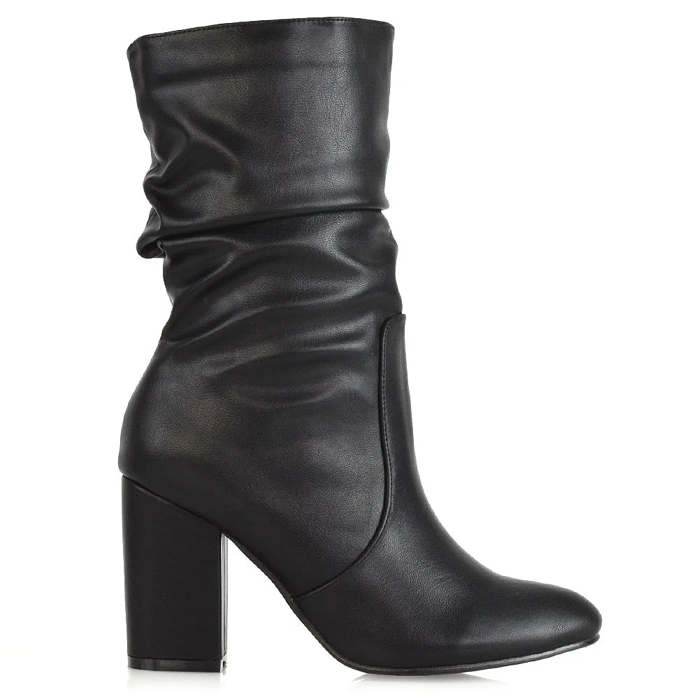 Belle Mid Block Heel Ruched Pull On Mid Calf Boots in Black Synthetic Leather