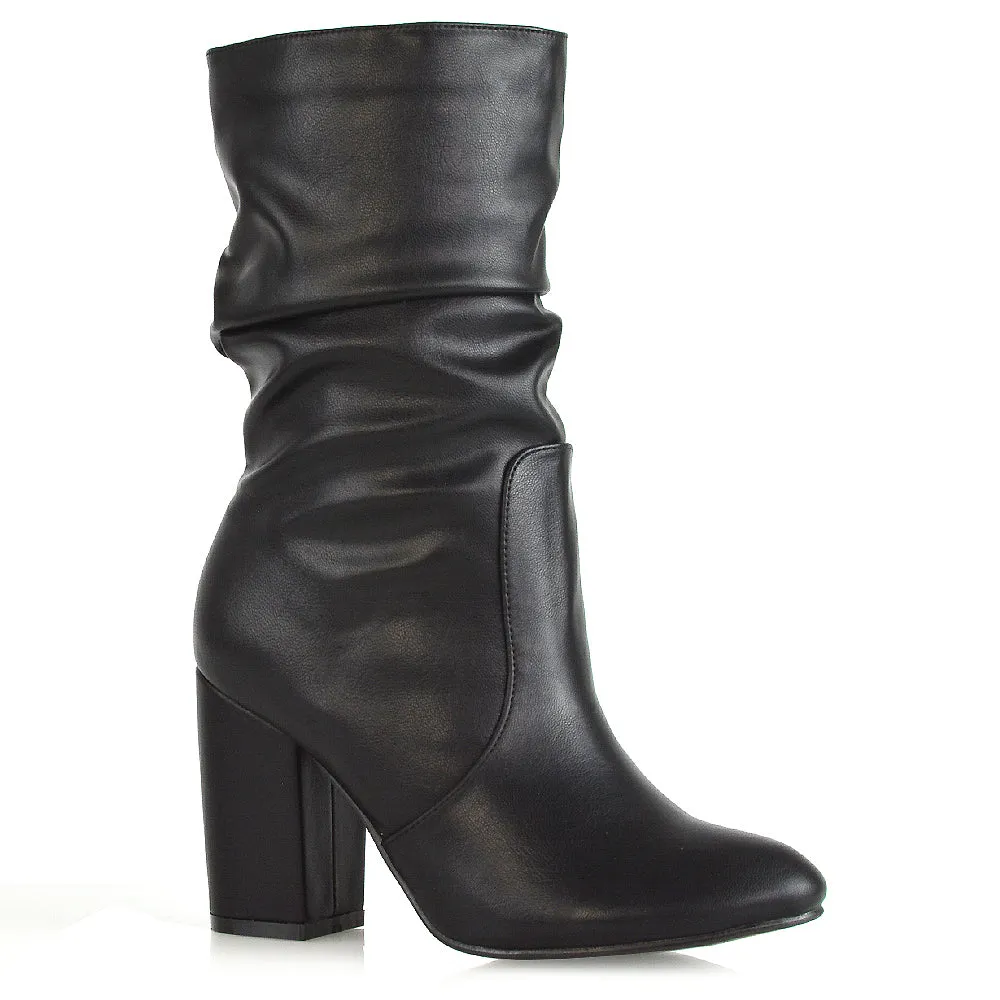 Belle Mid Block Heel Ruched Pull On Mid Calf Boots in Black Synthetic Leather