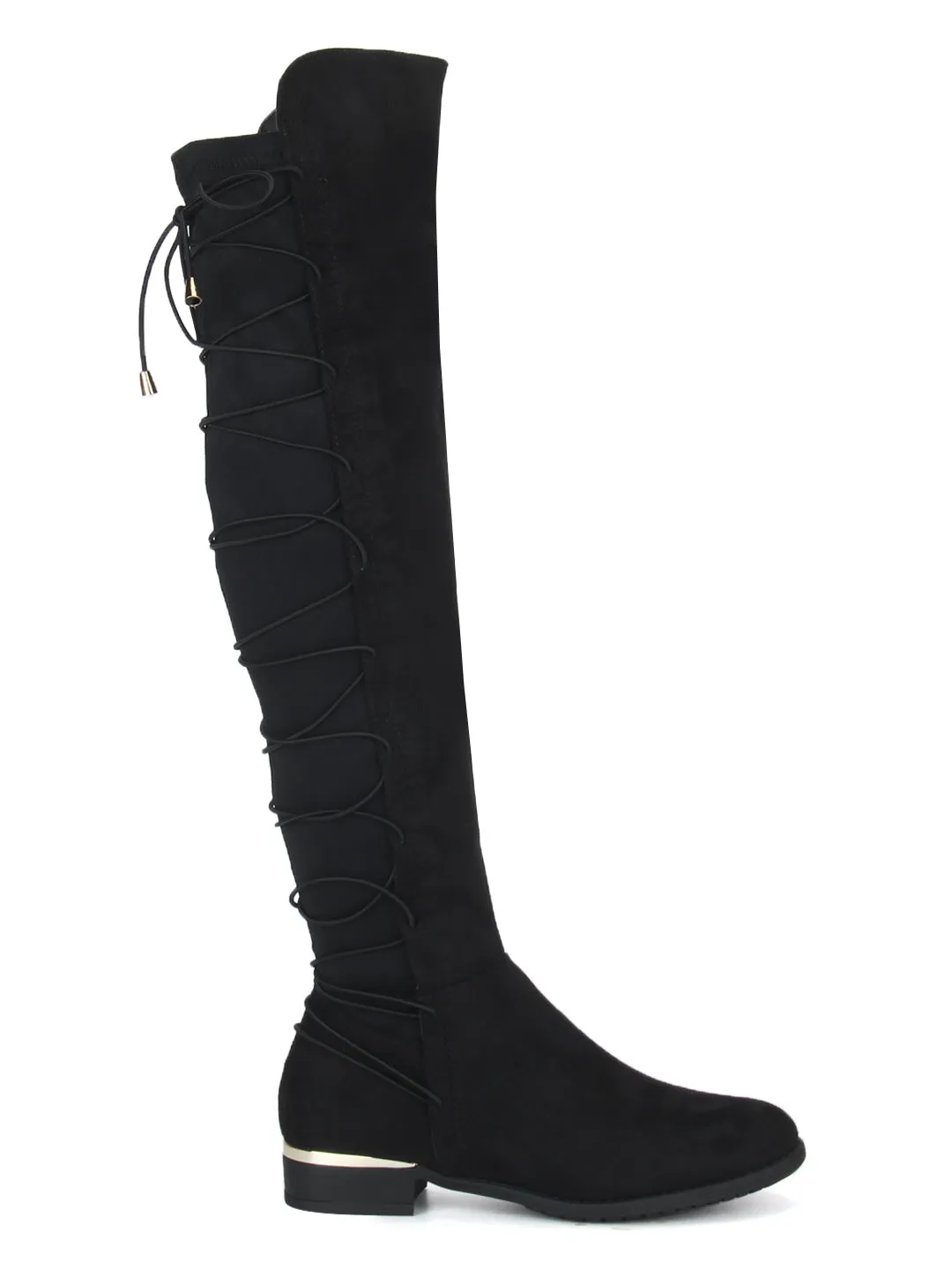 Black Micro Back Lace-up Golden Detail Long Boots