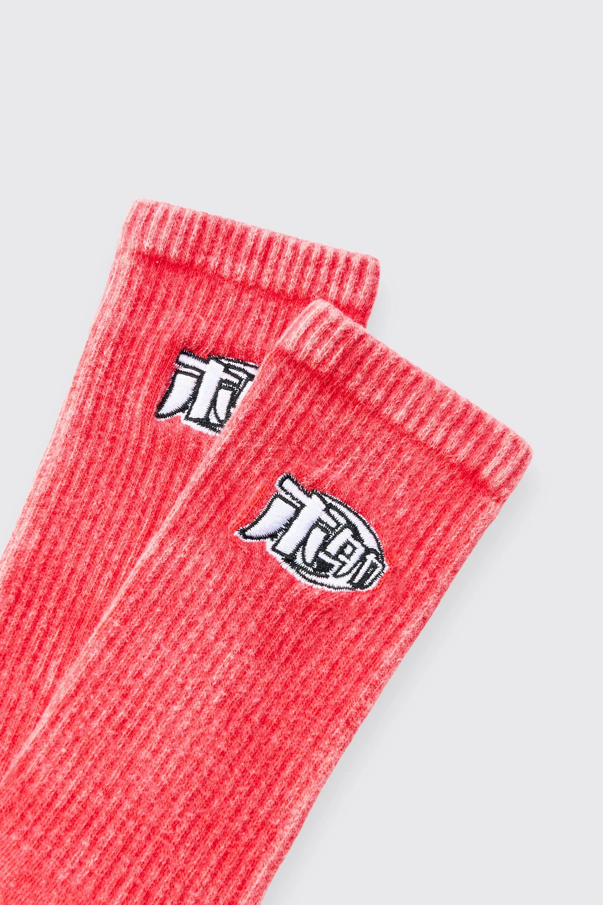 Boohoo Red Acid Wash Man Embroidered Mens Socks