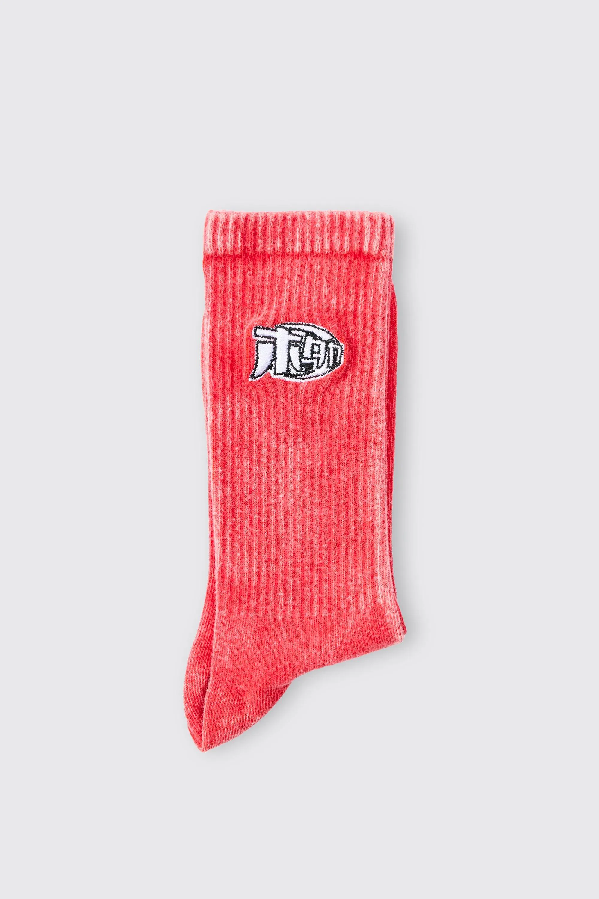 Boohoo Red Acid Wash Man Embroidered Mens Socks