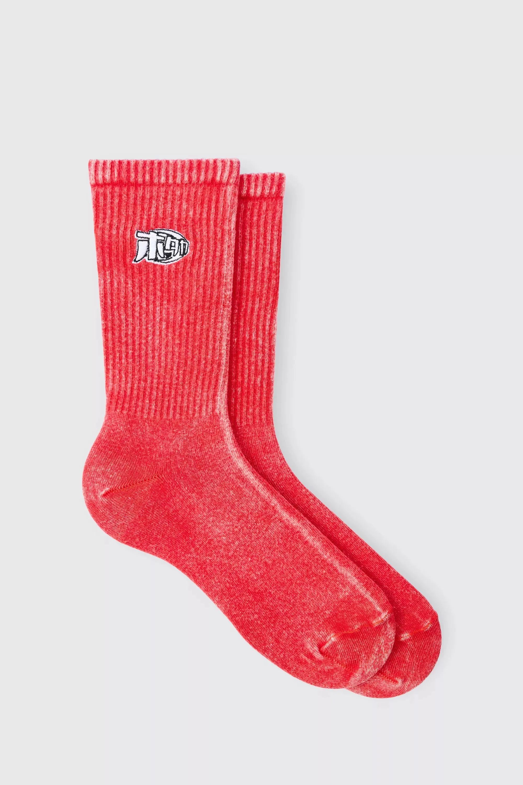 Boohoo Red Acid Wash Man Embroidered Mens Socks