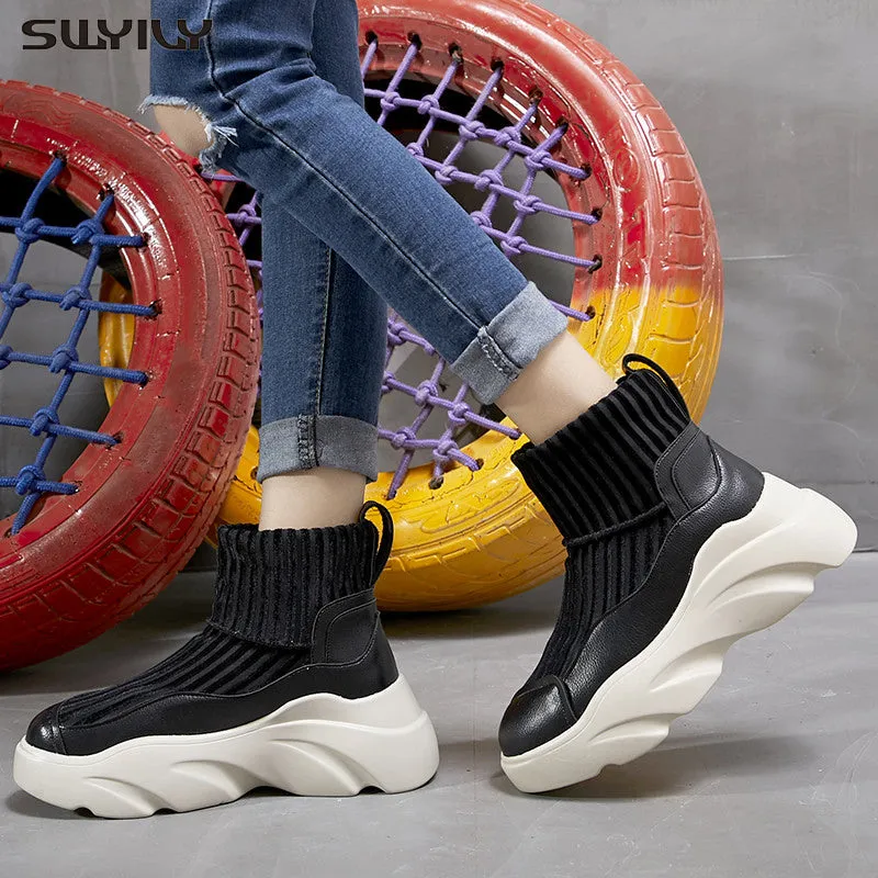 Boots - Sporty Sock Boots - Stretch Platform Knit Stitching