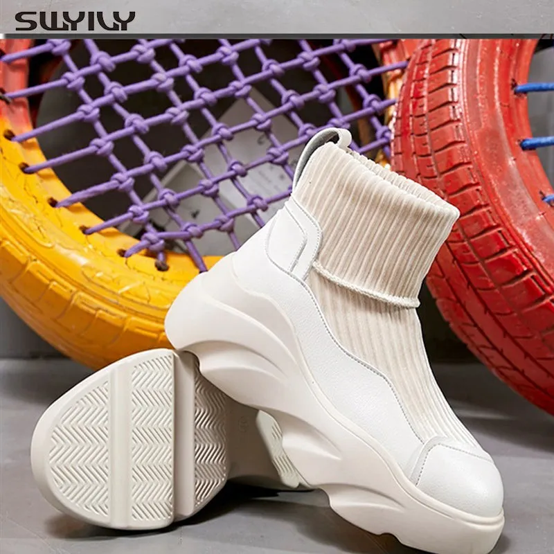 Boots - Sporty Sock Boots - Stretch Platform Knit Stitching