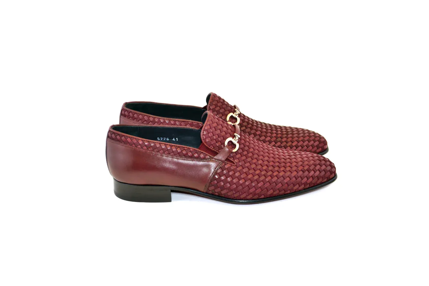 Burgundy Men's Suede and Leather Shoes Hand Made Woven Loafer C0222-5776