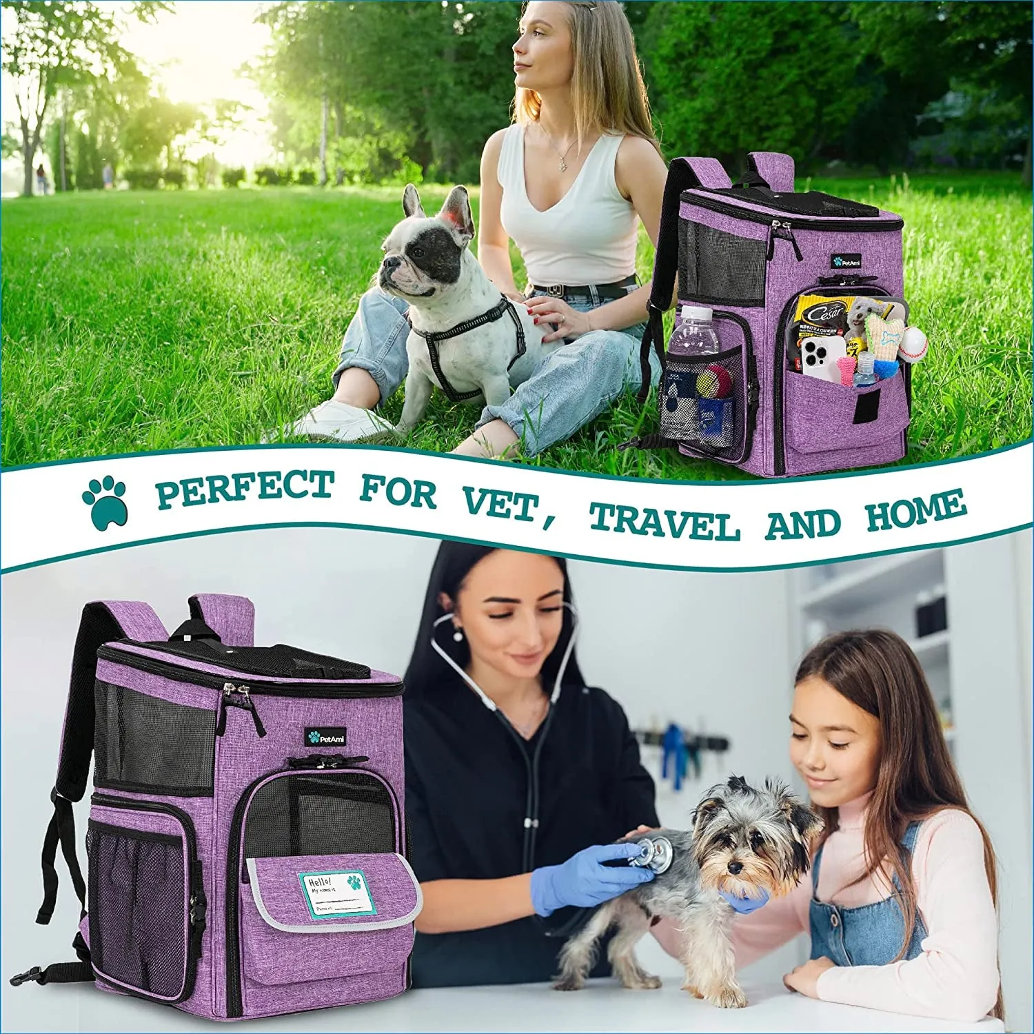 Dog Backpack Carrier, Airline Approved Cat Backpacks for Carrying Small Large Cats, Pet Carrier Back Pack, Ventilated Soft Sided for Travel, Hiking, Camping, Max 18 Lbs, Purple