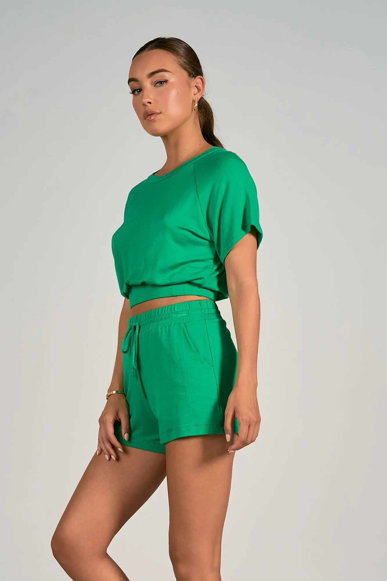 Elan Green Short Sleeve Crop Top