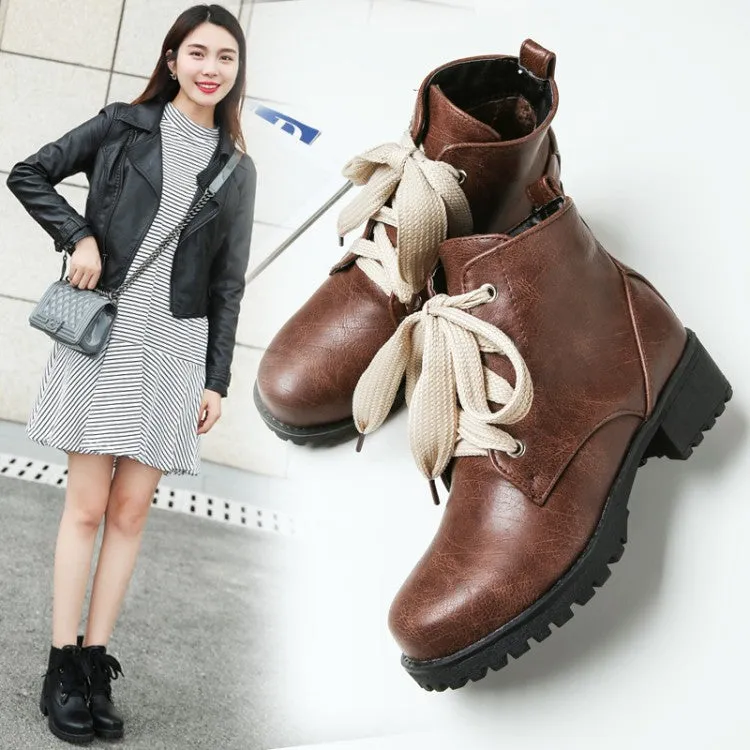 Fall and Winter Leisure Low Heel Short Boots Plus Size 33-44 Lace Up Ankle Boots Women Shoes