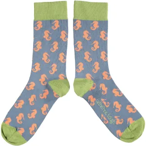 Ladies Cotton Ankle Socks - Seahorse Smokey Blue