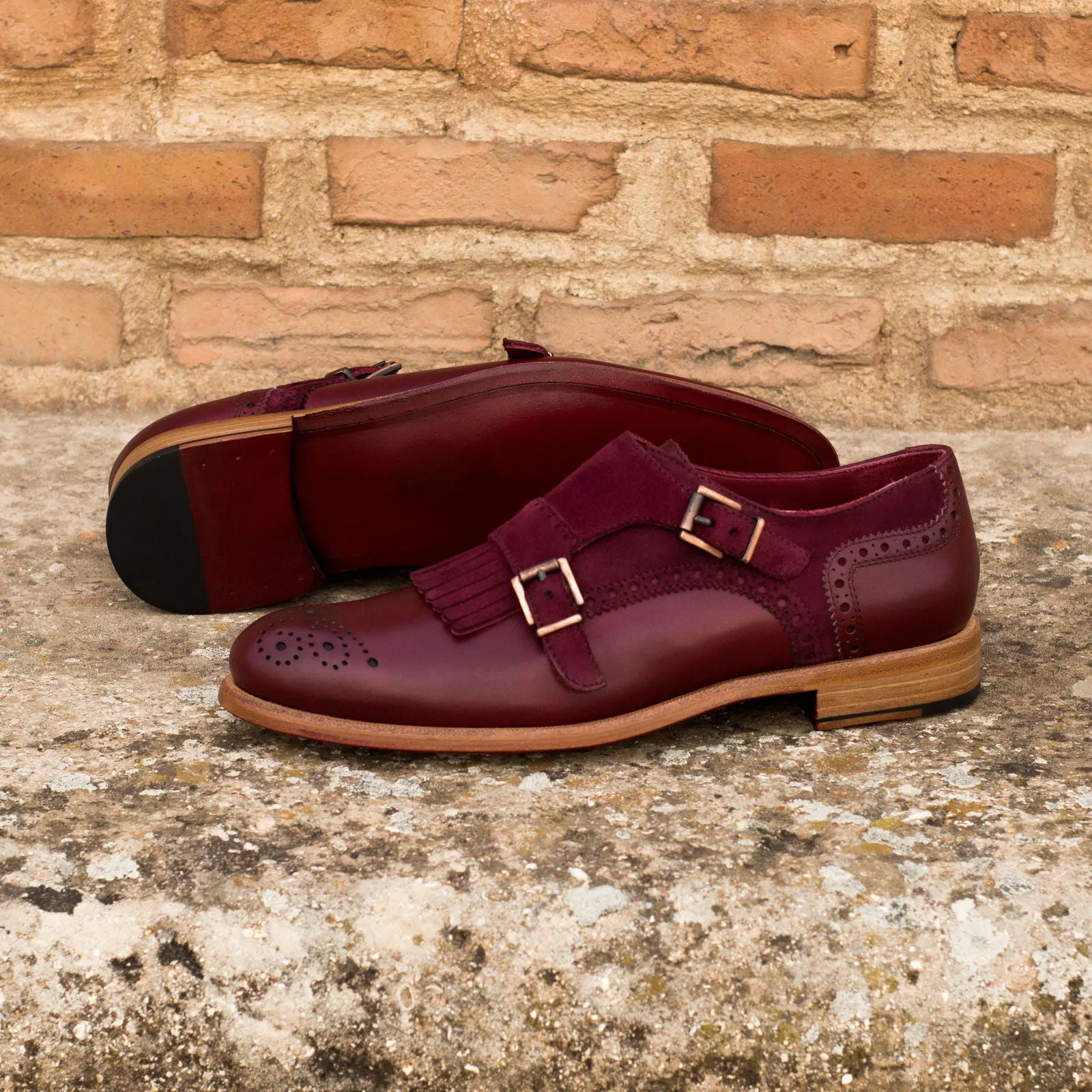 Ladies' Kiltie Monk Strap-Kid Suede, Box Calf, Burgundy-Wholesale