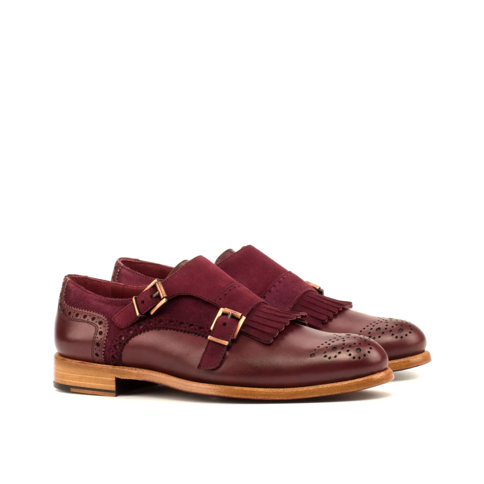 Ladies' Kiltie Monk Strap-Kid Suede, Box Calf, Burgundy-Wholesale