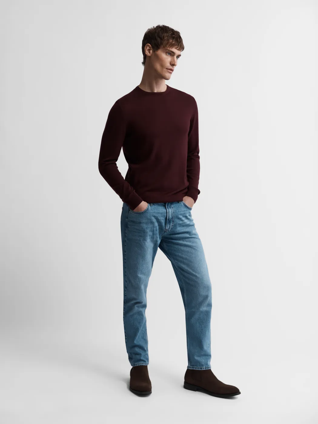 Merino Wool Crew Neck Jumper - Wine