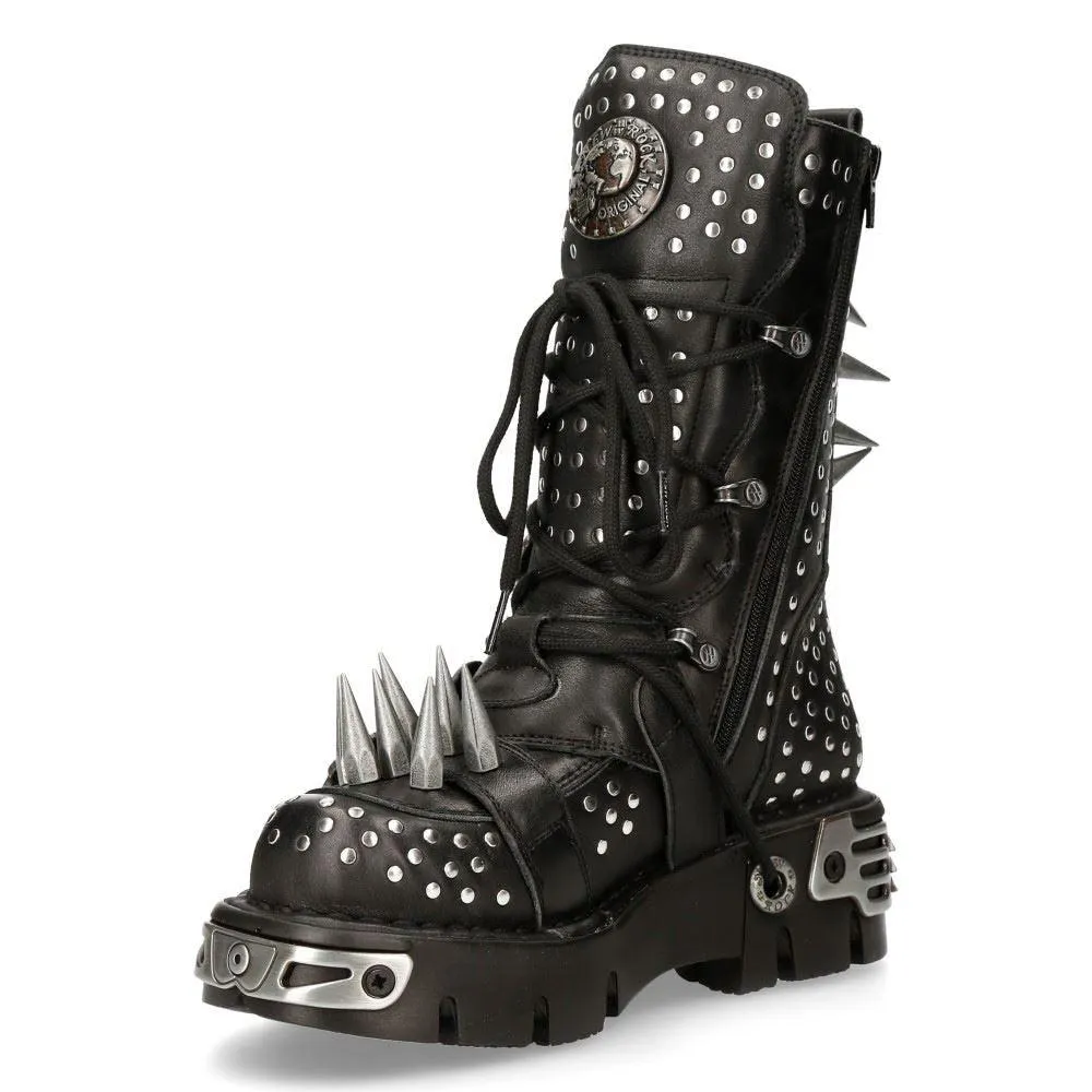 New Rock 1535-S1 Black Leather Military High Boots Metal Spikes Buckles Punk EMO