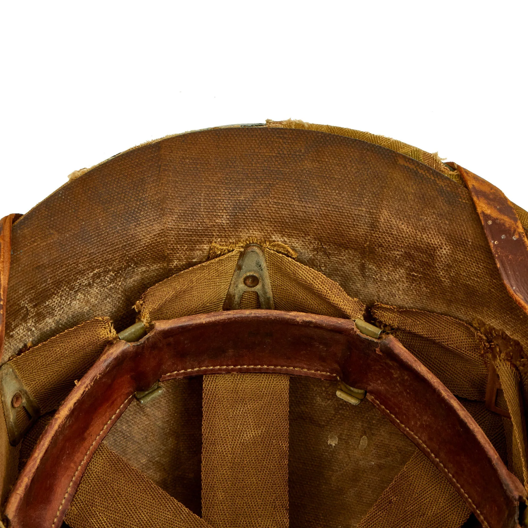 Original U.S. WWII Untouched / Service Worn Fixed Bale M1 Helmet With 2nd Pattern USMC HBT Camouflage Cover and St. Clair Low-Pressure Liner - Complete