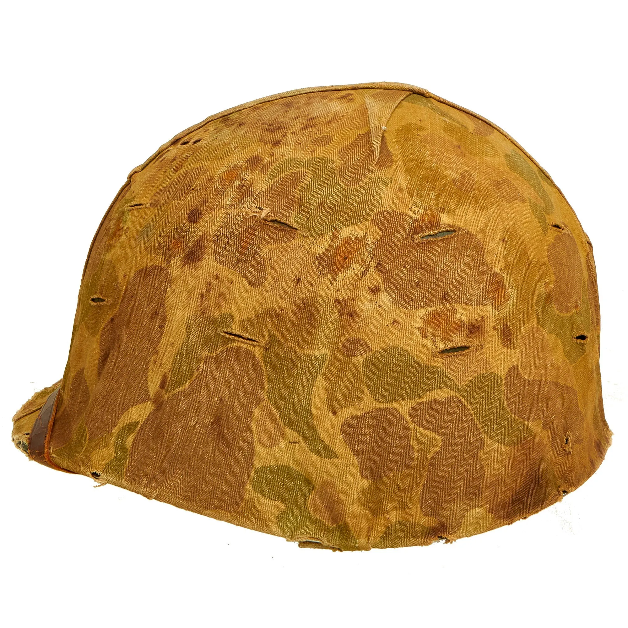 Original U.S. WWII Untouched / Service Worn Fixed Bale M1 Helmet With 2nd Pattern USMC HBT Camouflage Cover and St. Clair Low-Pressure Liner - Complete