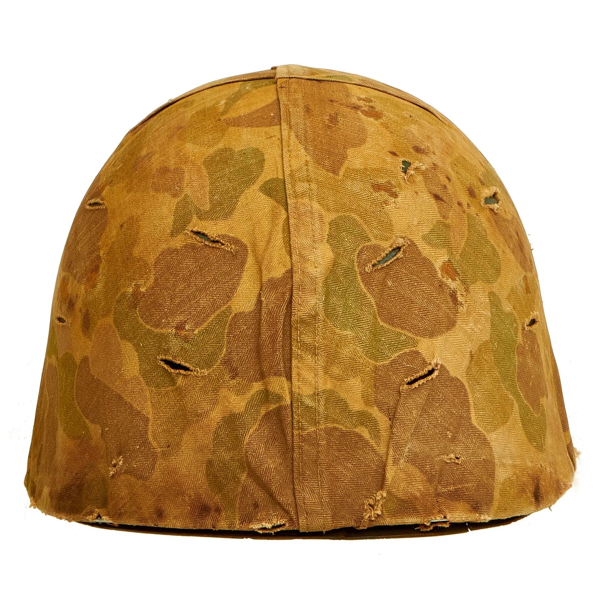 Original U.S. WWII Untouched / Service Worn Fixed Bale M1 Helmet With 2nd Pattern USMC HBT Camouflage Cover and St. Clair Low-Pressure Liner - Complete