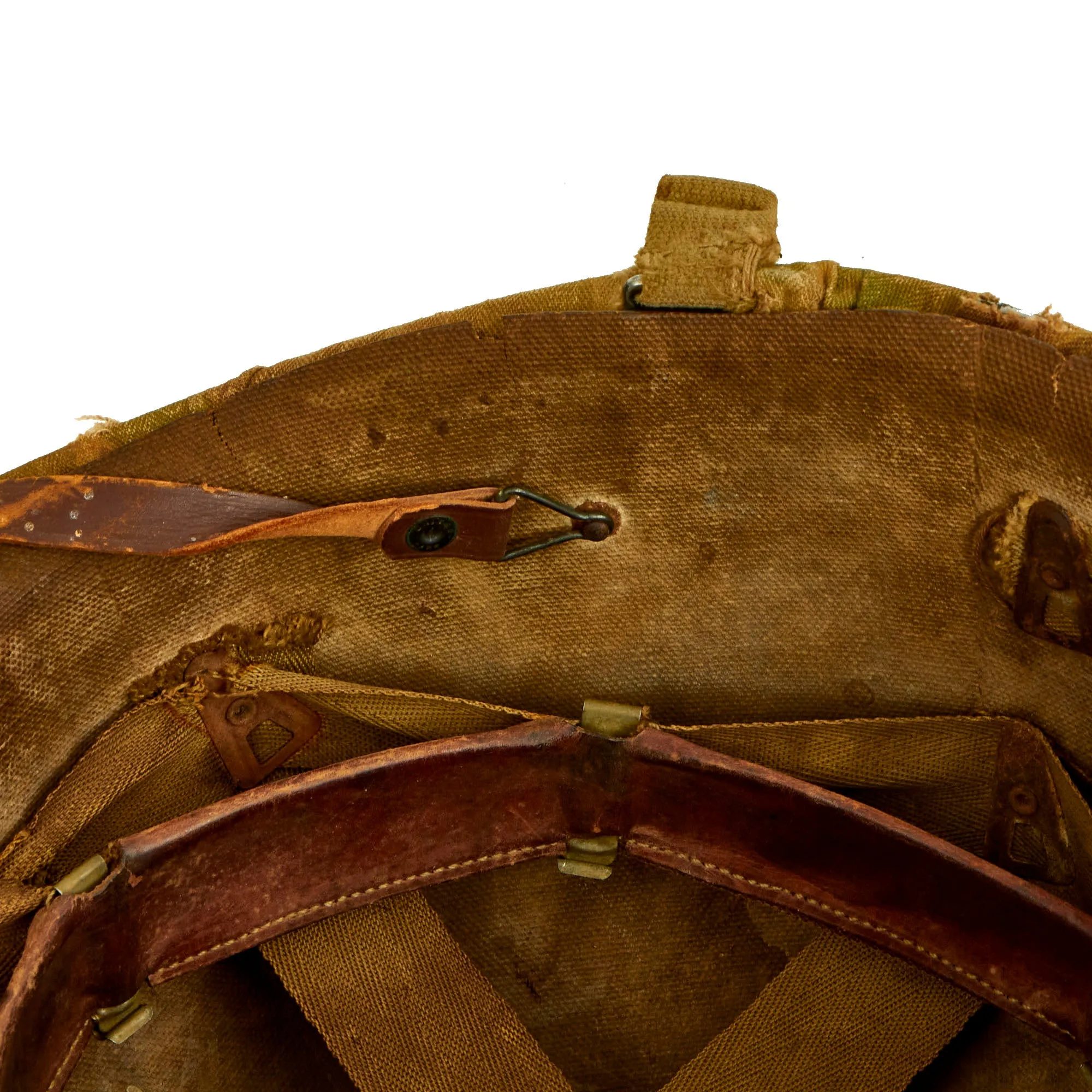 Original U.S. WWII Untouched / Service Worn Fixed Bale M1 Helmet With 2nd Pattern USMC HBT Camouflage Cover and St. Clair Low-Pressure Liner - Complete