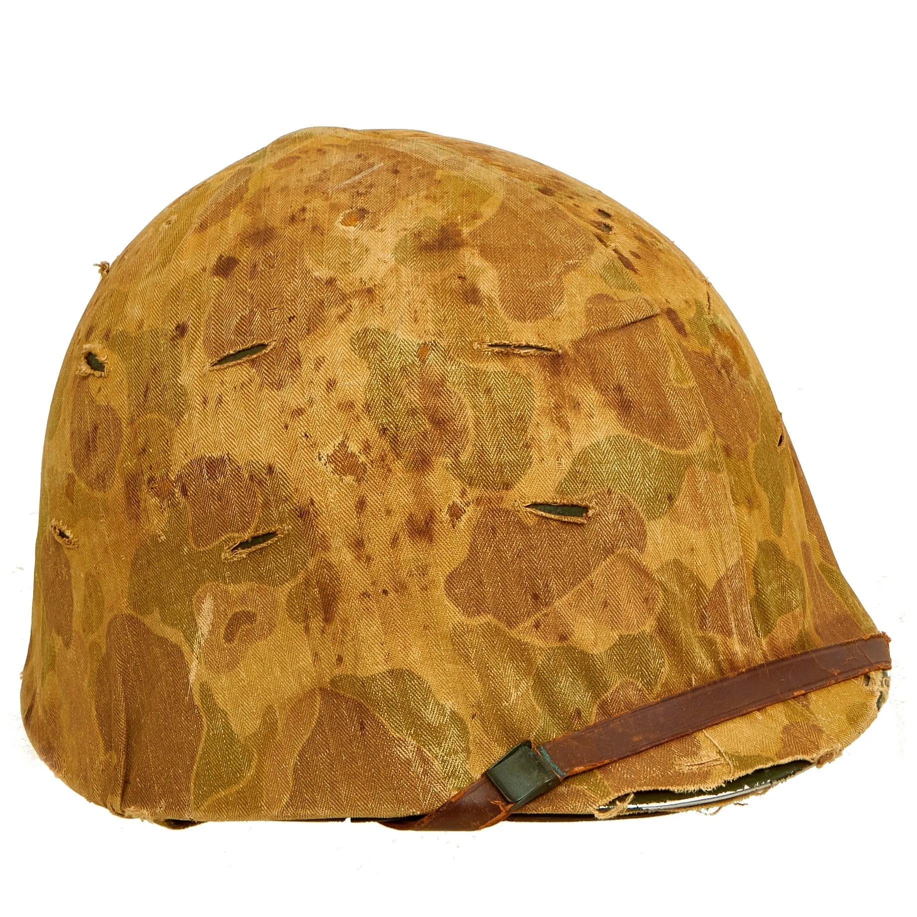 Original U.S. WWII Untouched / Service Worn Fixed Bale M1 Helmet With 2nd Pattern USMC HBT Camouflage Cover and St. Clair Low-Pressure Liner - Complete