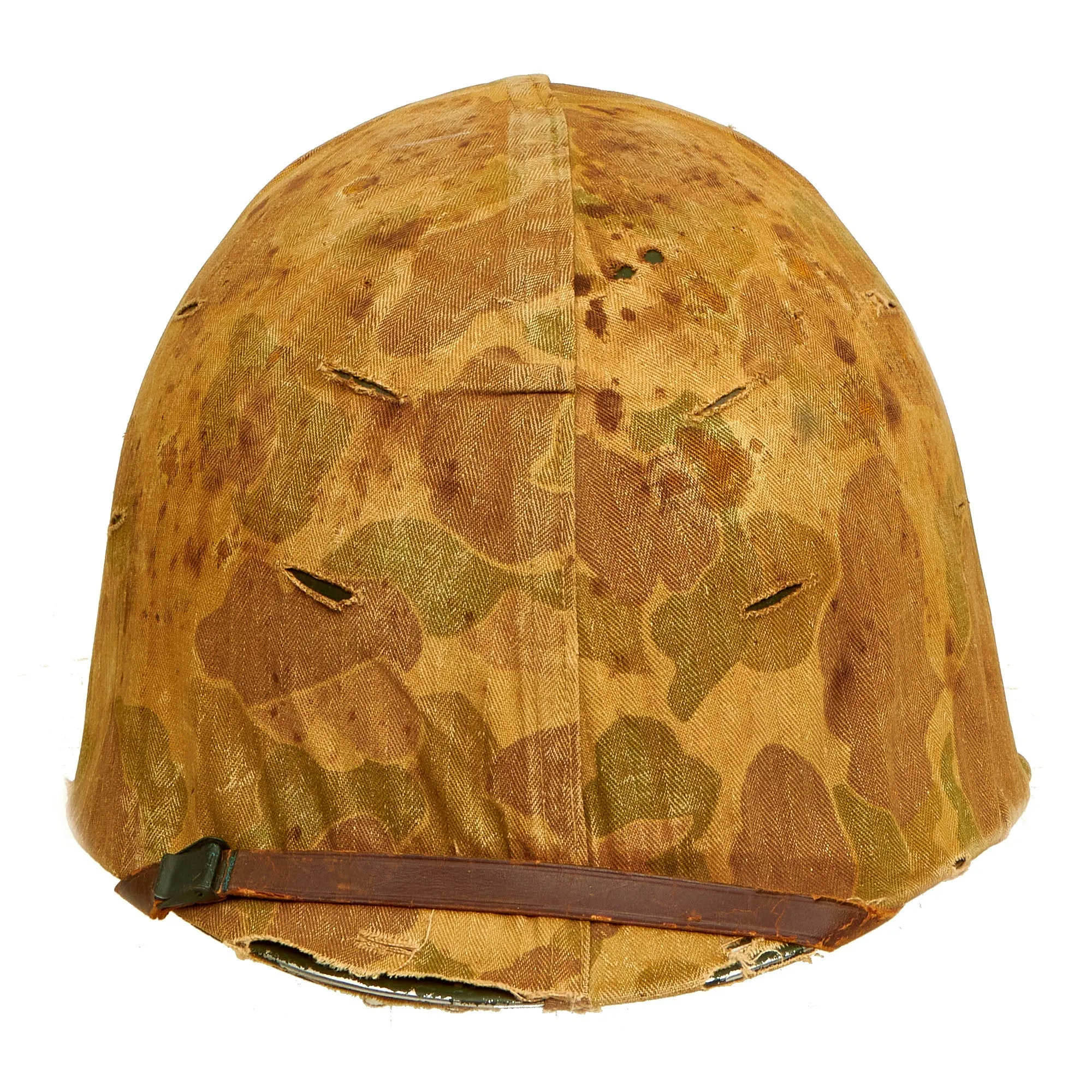 Original U.S. WWII Untouched / Service Worn Fixed Bale M1 Helmet With 2nd Pattern USMC HBT Camouflage Cover and St. Clair Low-Pressure Liner - Complete