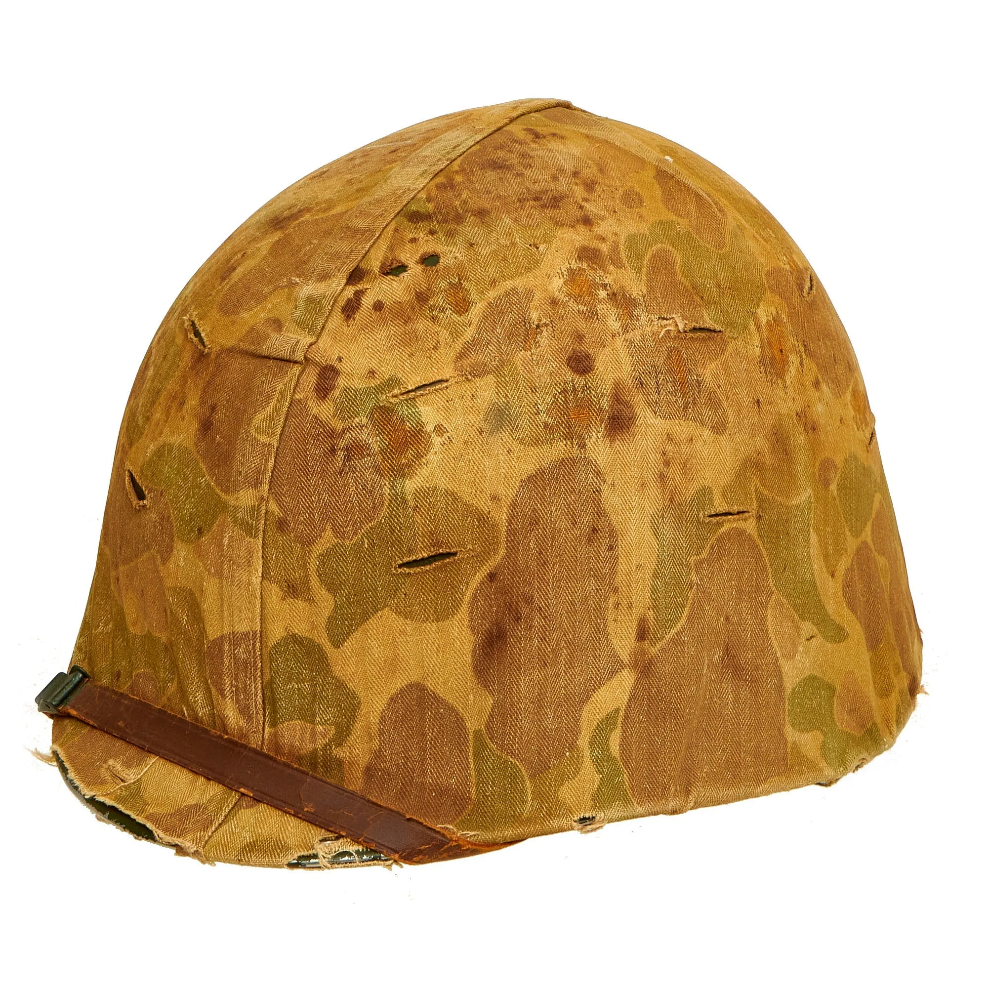 Original U.S. WWII Untouched / Service Worn Fixed Bale M1 Helmet With 2nd Pattern USMC HBT Camouflage Cover and St. Clair Low-Pressure Liner - Complete