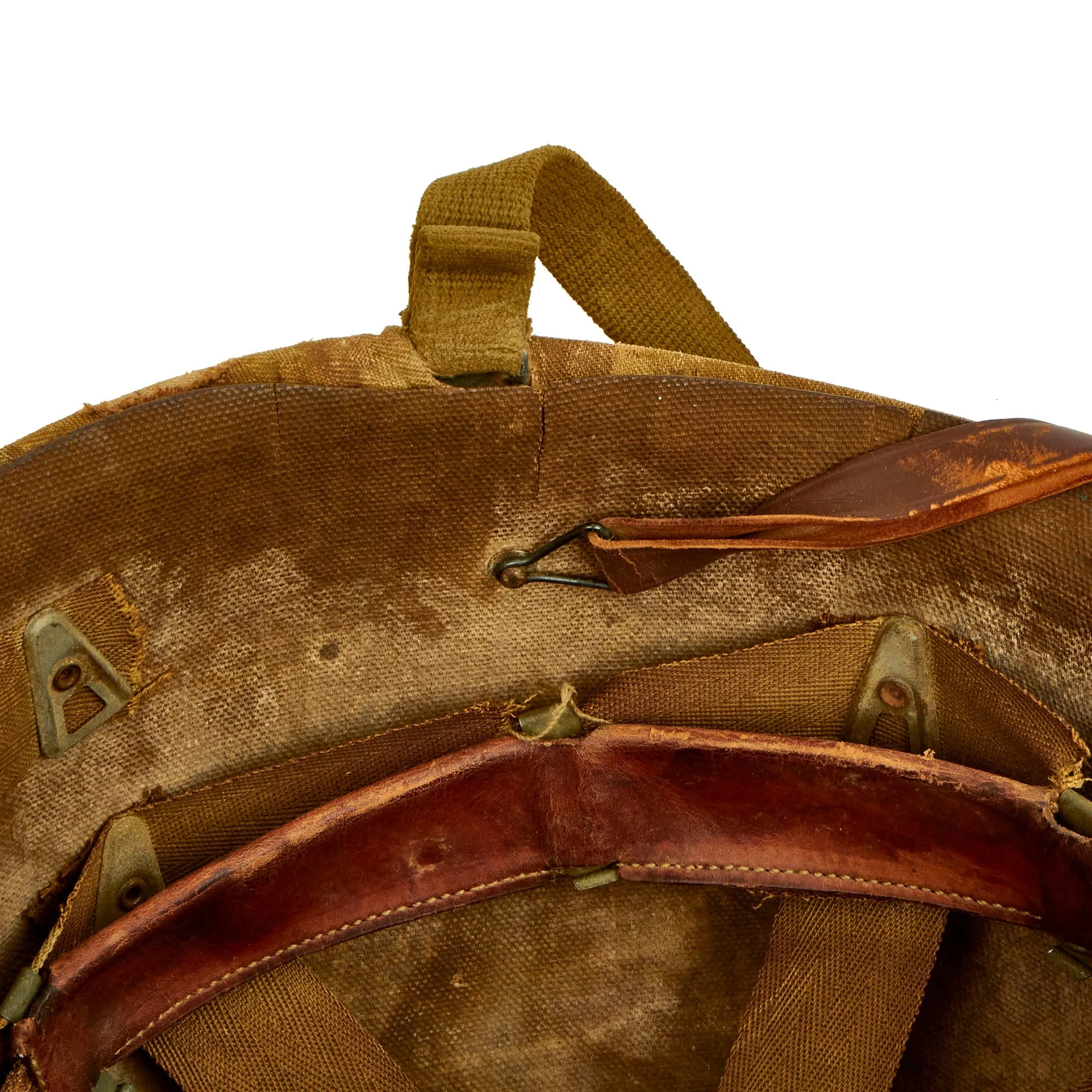 Original U.S. WWII Untouched / Service Worn Fixed Bale M1 Helmet With 2nd Pattern USMC HBT Camouflage Cover and St. Clair Low-Pressure Liner - Complete