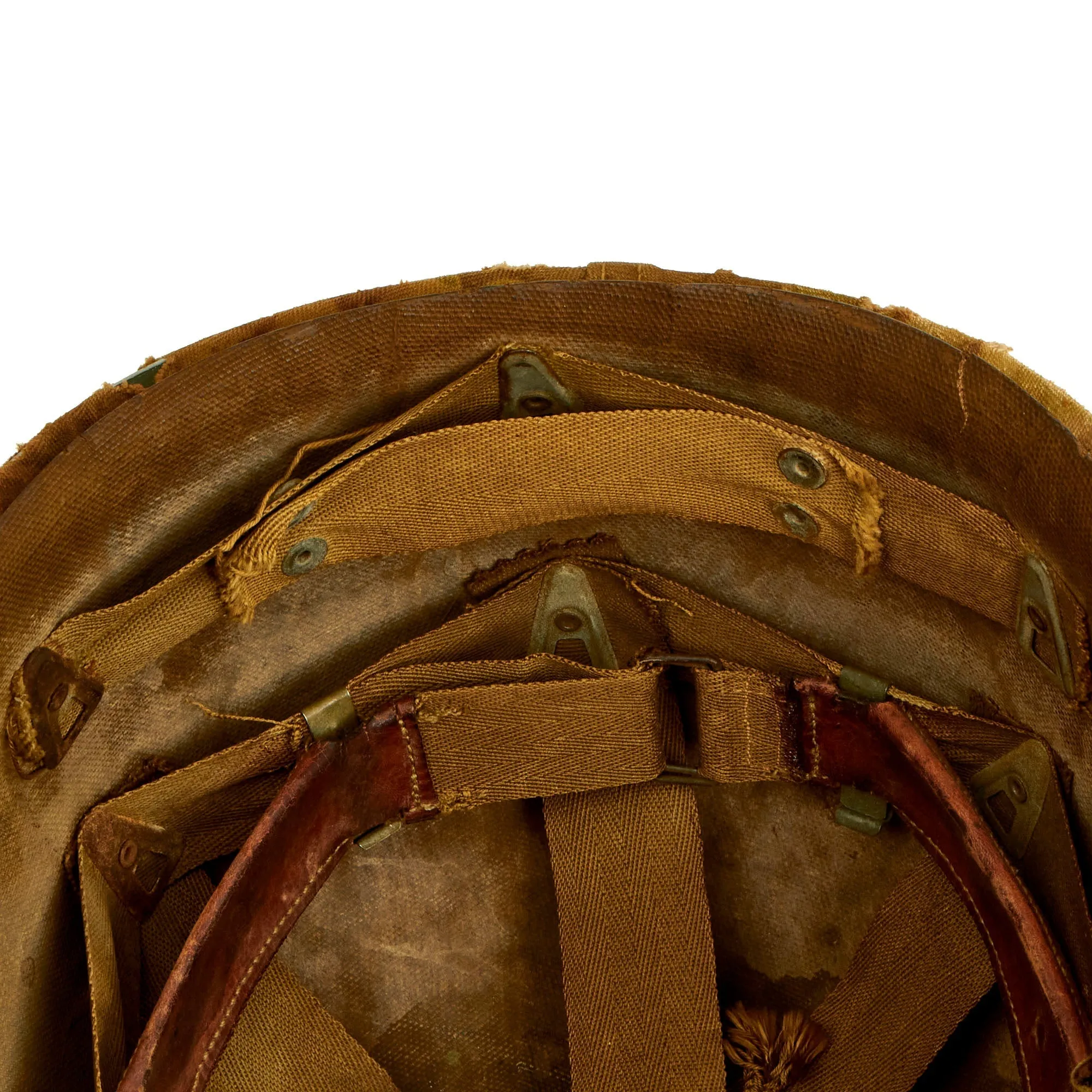 Original U.S. WWII Untouched / Service Worn Fixed Bale M1 Helmet With 2nd Pattern USMC HBT Camouflage Cover and St. Clair Low-Pressure Liner - Complete