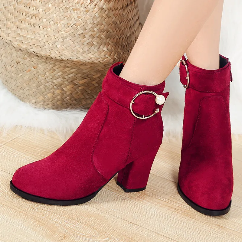 Round toe block heels booties with ankle buckle strap