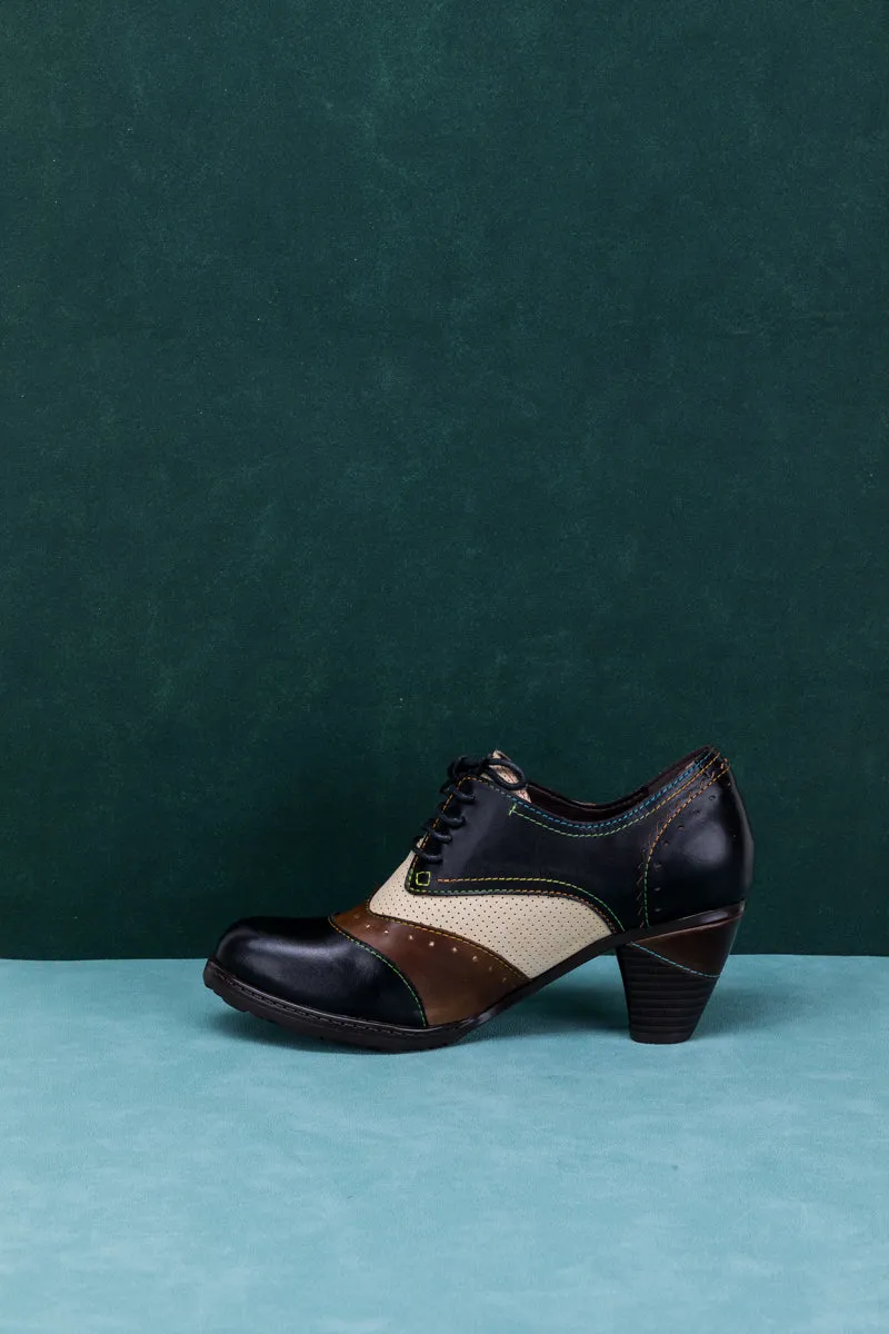 SOFFIA | COLOR BLOCK BLOCK HEEL LEATHER OXFORD - BLACK