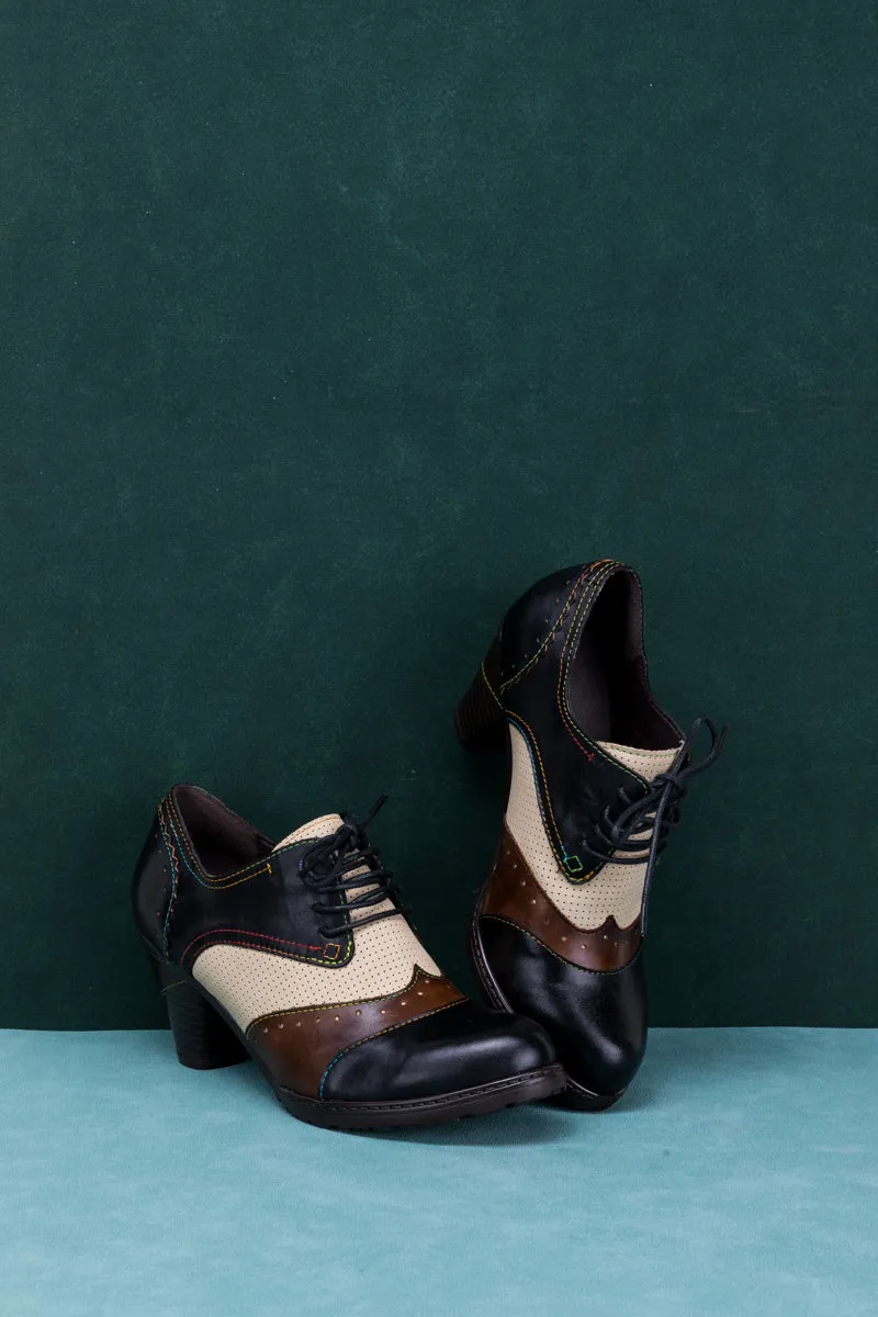 SOFFIA | COLOR BLOCK BLOCK HEEL LEATHER OXFORD - BLACK