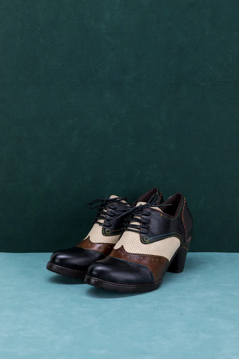 SOFFIA | COLOR BLOCK BLOCK HEEL LEATHER OXFORD - BLACK