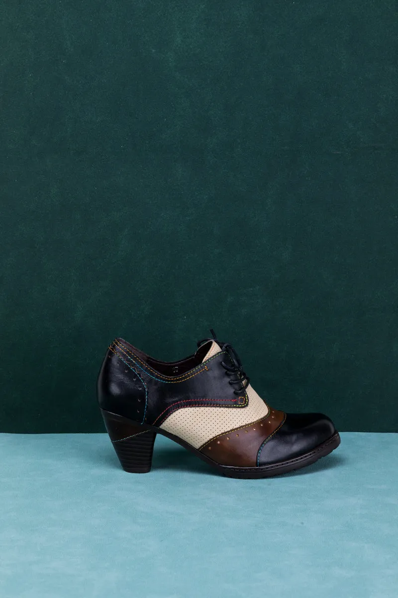 SOFFIA | COLOR BLOCK BLOCK HEEL LEATHER OXFORD - BLACK