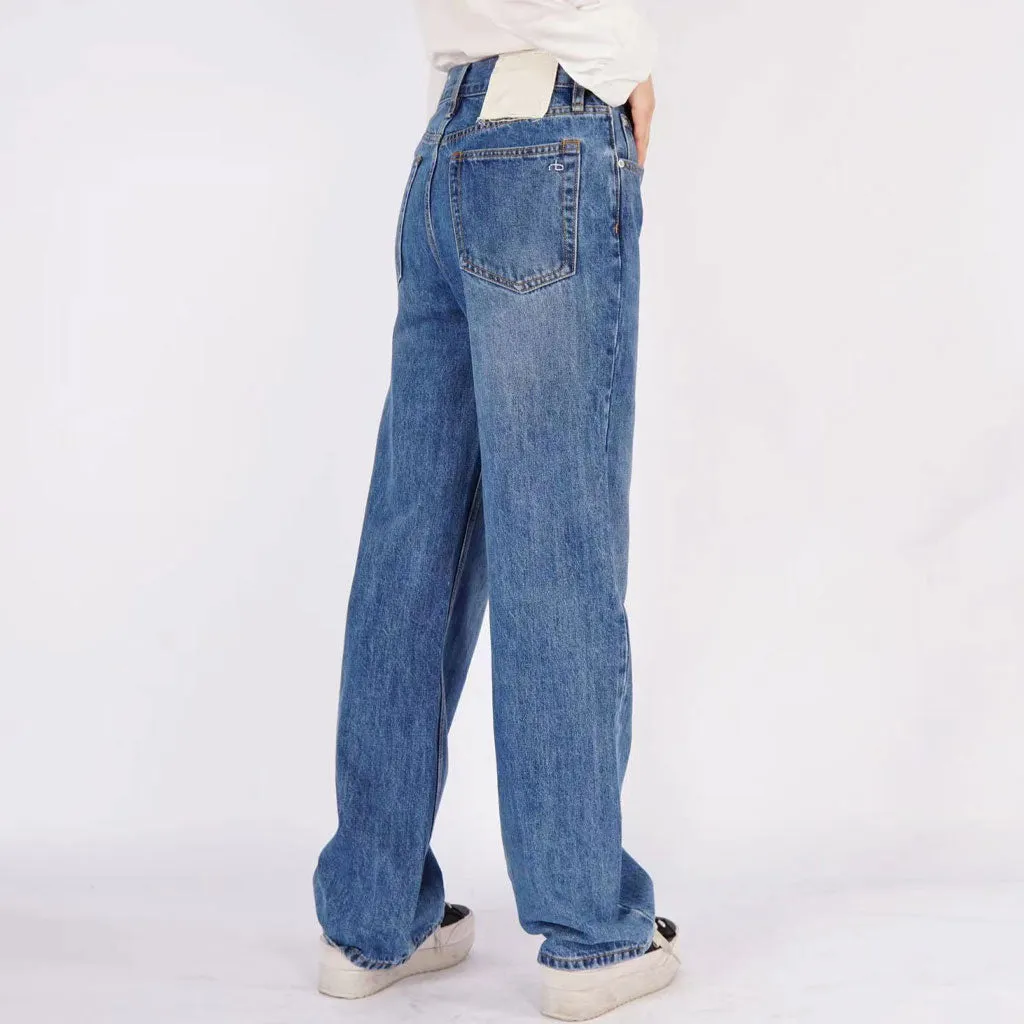 Trendy Mid Rise Fade Detail Straight Wide Leg Jeans - Mid Blue