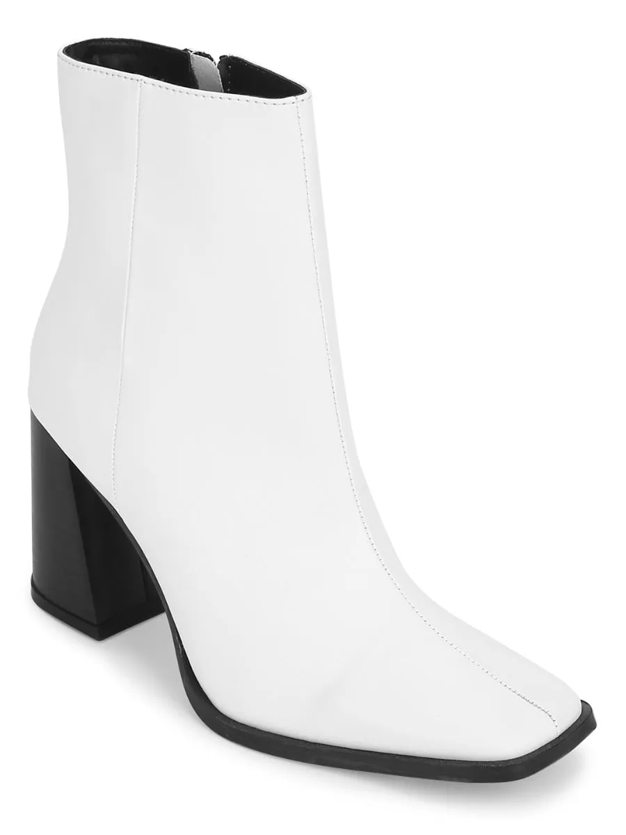 White PU Zip Up Square Toe Ankle Boots