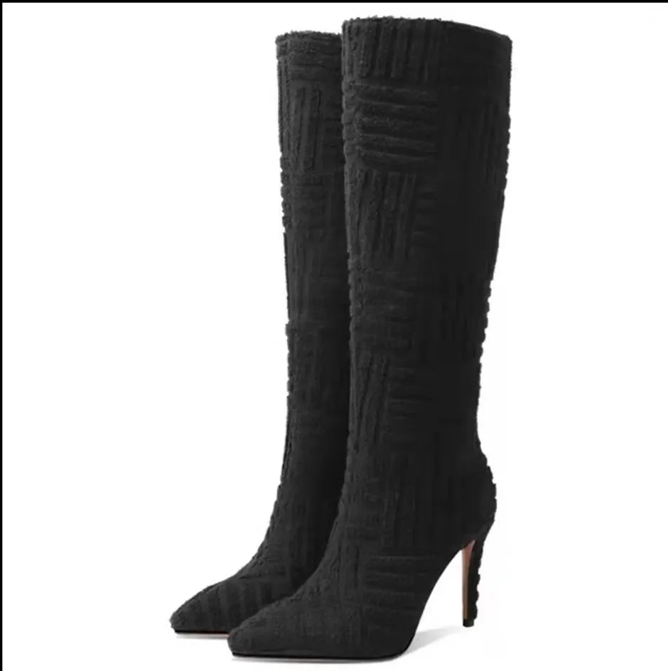 Women knee high boots faux suede stiletto high heel pointed toe slip on boots