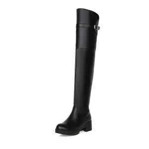 Women thigh high boots chunky heel platform buckle strap boots