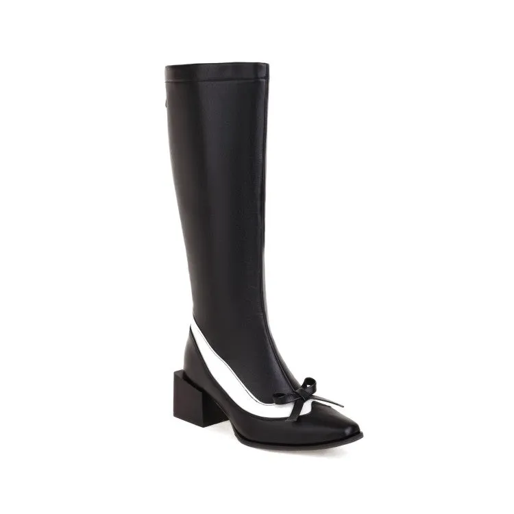 Women's Bicolor Pu Leather Pointed Toe Knot Chunky Heel Knee High Boots