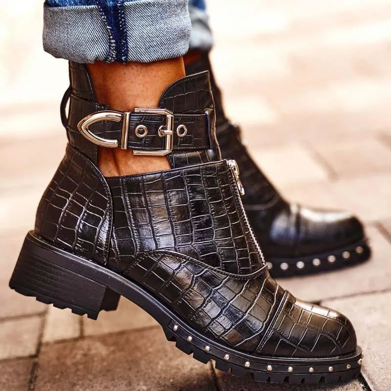 Women's black studded chunky low heel ankle boots buckle strap short booties